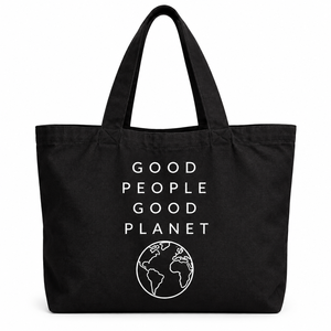 Sac fourre-tout Good People Good Planet en coton noir imprimé, sac de courses écologique - Product Image 1