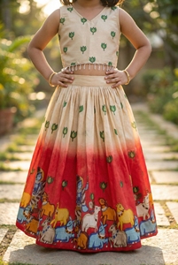 Ensemble Lehenga Choli pour Filles, Tenue Ethnique Indienne Entièrement Cousue, Imprimé Traditionnel, en Rayonne, Jupe Longue et Haut Court, pour Fête de Diwali - Product Image 4