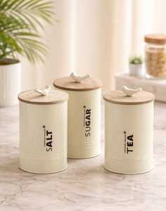 Ensemble de pots de cuisine blancs avec couvercle en bois, bocaux de rangement imprimés de lettres pour sucre, sel, thé, comptoir - Product Image 5