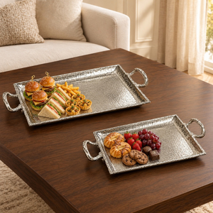 Juego de bandejas de aluminio con acabado plateado distintivo, bandejas martilladas con asas |   Bandeja de Servicio de Lujo para Mesa de Comedor, Decorativa - Product Image 4