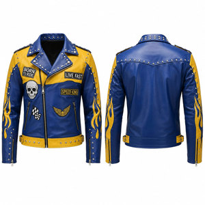 <b>Men's</b> Blue Yellow PU <b>Leather</b> Motorcycle <b>Jacket</b> With Flame Patches Rivets Zipper Closure Moto Biker Style Autumn Wear - Product Image 1