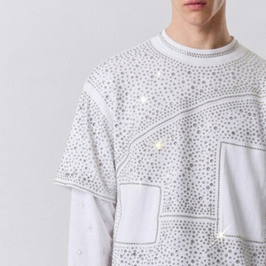 T-shirt homme double couche avec strass blancs OEM, manches 2 en 1, t-shirt décontracté d'été pour homme avec strass - Product Image 3