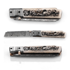 Couteau pliant personnalisé en acier Damas de qualité industrielle - Manche en os de chameau gravé au laser - Longueur totale de 19 cm - Poignée ergonomique - Product Image 6