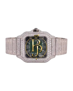 Montre-bracelet de luxe carrée en acier inoxydable Briva, verre quartz, cadran vert, chiffres romains, aiguilles argentées, couronne en pierre bleue - Product Image 1