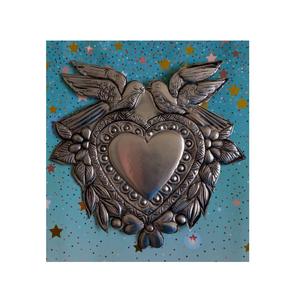 Gold Sacred Heart Wall Art Pink <b>Glass</b> Center Brass Flaming Sunburst Plaque Mexican Folk Art Home Entryway Decor - Product Image 5