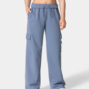 <b>Women's</b> Loose Fit <b>Cargo</b> Sweatpants Solid <b>Blue</b> Fleece Drawstring Waist Elastic Comfortable Casual Pants Full Length - Product Image 4