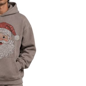 Sweat à capuche gris Père Noël avec strass pour homme, pull molletonné oversize, logo de Noël personnalisé, streetwear, sweat à capuche épais - Product Image 4