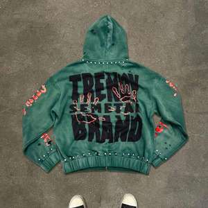 Sudadera con capucha y cremallera Semetal Insane con pedrería para hombre y mujer, verde lavado, corte ajustado, con brillo de cristal, estilo urbano, 2026 HD - Product Image 6