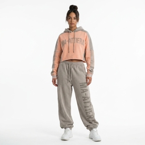 Custom Women Two Tone <b>Cropped</b> Hoodie <b>Jogger</b> Set Cotton Fleece Casual Streetwear Tracksuit OEM Wholesale - Product Image 1