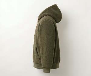 Veste à capuche en polaire vert olive pour homme, fermeture éclair, style décontracté, vêtement d'automne, coupe classique, doublure en sherpa, épaisse et chaude - Product Image 5