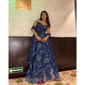 Digital Printed Anarkali <b>Gown</b> Set in Georgette Chiffon Including Bottom and Dupatta with Floral Print - Product Image 5