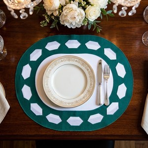 Oval Emerald Embroidered Cotton Placemats, Geometric Border <b>Table</b> <b>Mat</b>, Elegant <b>Dinner</b> Setting, Housewarming & Wedding Gift - Product Image 1