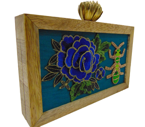 Handmade Floral Embroidery Metal Frame Clutch Box Bag Blue Rose <b>Green</b> Insect Design Rectangle Shape Evening Party Style - Product Image 1