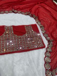 ส่าหรีอินเดียแบบดั้งเดิมสำหรับงานเทศกาล ผ้าจอร์เจตต์เทียม ประดับเลื่อม ปักลาย พร้อมกระจกแท้ ส่าหรีงานแต่งงาน - Product Image 6