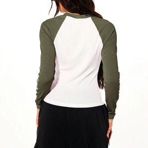 Trendy Custom Women's <b>Raglan</b> Sleeve Color Blocking T-Shirt O-Neck Long Sleeve Slim Fit Knitted Casual White And Sage Green Shirt - Product Image 2