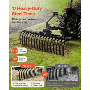 Rastrello per Roccia da 50 Pollici con 17 Denti in Acciaio, Attacco a 3 Punti, Testa Regolabile, Compatibile con Trattori Categoria 1 per Escavatori - Product Image 2