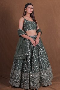<b>Green</b> Floral Embroidered Lehenga Choli Sequin Zari Dupatta Wedding Party Dress for Women - Product Image 5