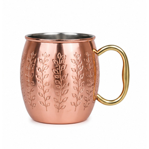 Vente en gros de tasses à Moscow Mule en cuivre pur avec motif de feuilles en relief, tasse à bière avec poignée en laiton, tasse à cocktail en acier inoxydable de qualité alimentaire - Product Image 1