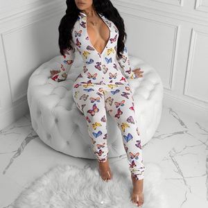 Mono de manga larga con estampado blanco para mujer, cintura alta, ajuste ceñido, cuello en V, longitud completa, ropa de dormir transpirable de elastano y poliéster - Product Image 1