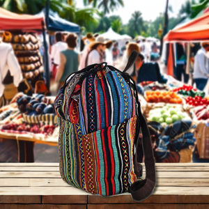 Fait à la main au Népal Style Vintage pur coton pochette à cordon sac à dos Unique poisson os conception confortable compagnon de voyage - Product Image 6