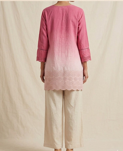 Kurti en coton rose ombré pour femme, col rond, manches trois quarts, détail de dentelle à l'ourlet, coupe droite, décontracté, ethnique, pour tous les jours - Product Image 2