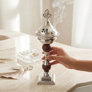 <b>Silver</b> Metal Arabic Incense <b>Burner</b> Featuring Dark Wooden Stem Accents And Domed Lid For Sophisticated Traditional Aromatherapy - Product Image 1
