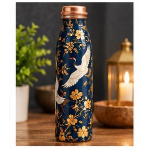Bouteille d'eau en cuivre imprimée à la main, motif floral rouge, thermos de voyage portable avec couvercle - Product Image 6