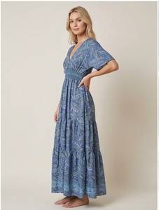 Robe longue bohème col en V manches courtes imprimé cachemire taille élastique coupe trapèze ample décontractée été vintage respirante 100% soie - Product Image 3