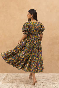 Vestido Midi con Estampado Floral, Cuello en V, Mangas Abullonadas, Estilo Boho, Corte en A, Holgado, Tejido de Viscosa, Vestido Casual de Primavera, Transpirable y Cómodo - Product Image 3
