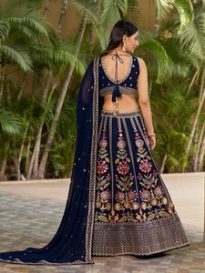 Navy Blue A-Line Floor-Length Embroidered <b>Lehenga</b> Choli with Floral Print and Organza Dupatta for Bridesmaid Wear - Product Image 5