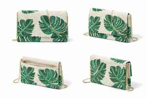 Bolso de mano de lujo verde con diseño de trapezio y hojas tropicales, con cuentas y botón, hecho a mano, para noche, con cadena para el hombro, elegante y de diseñador. - Product Image 2