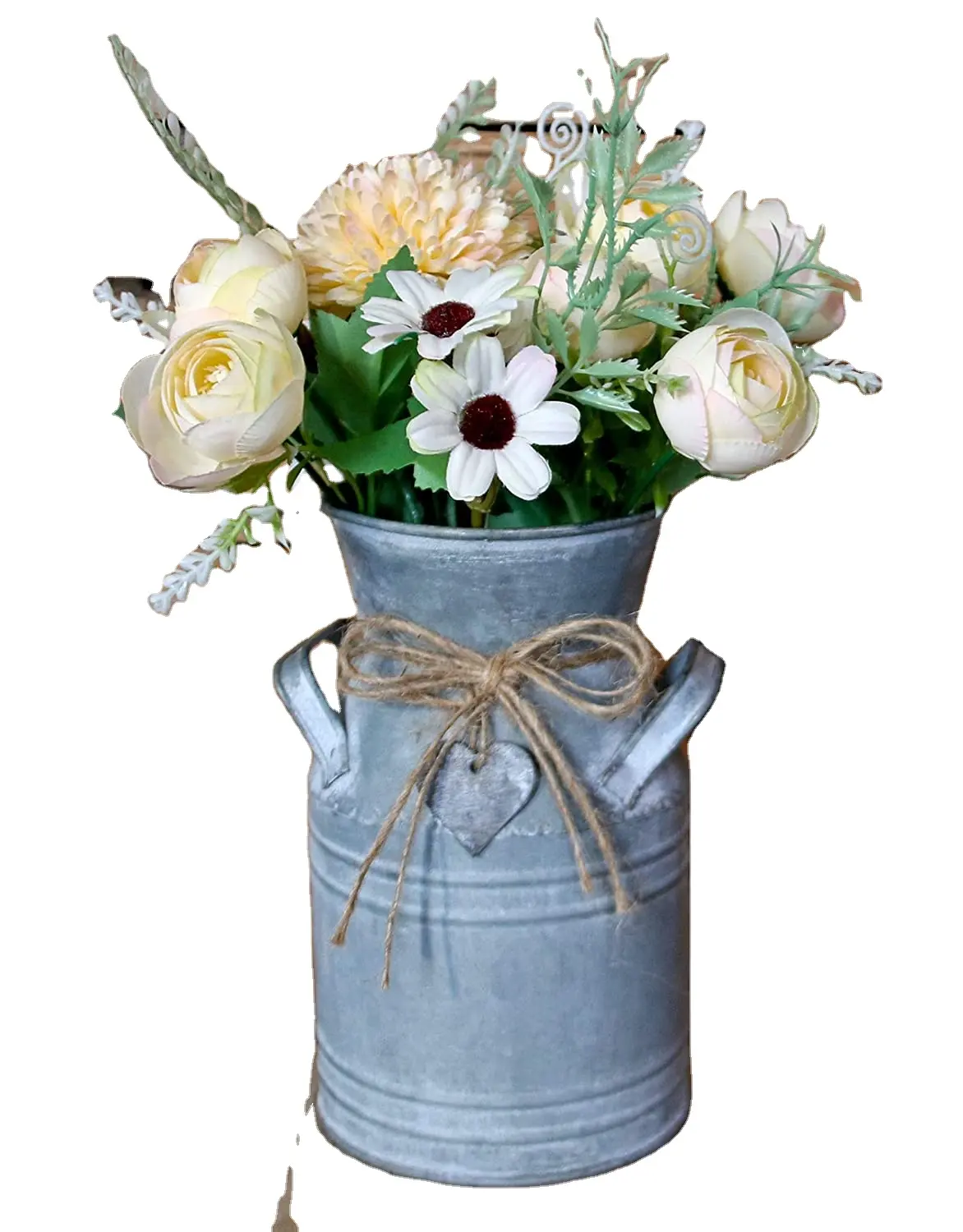 빈티지 아연 도금 우유 캔, 농가 장식 꽃 꽃병, 소박한 프랑스 국가 금속 주전자 홈 장식