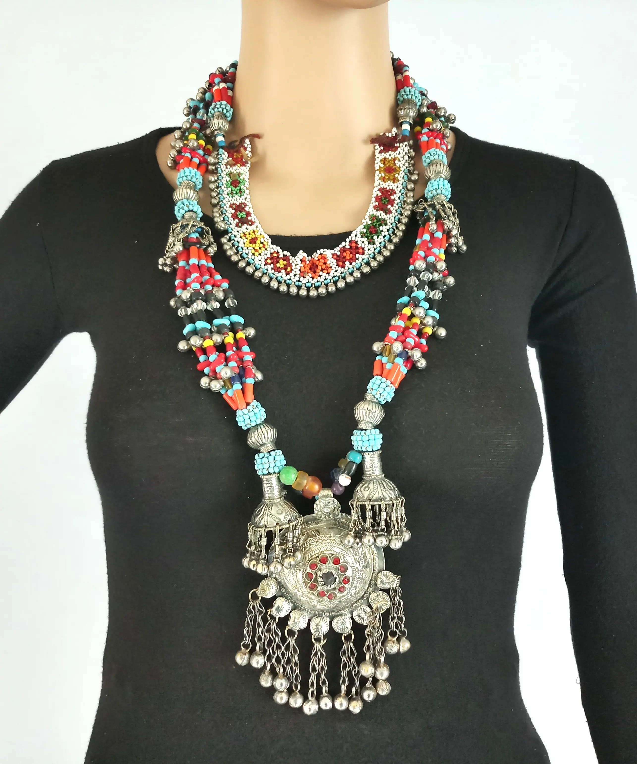 Vintage Style Kuchi Necklace - Afghan Bib Tribal Old Necklace - Designer Afghani bohemian 1960s jewelry