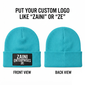 Bonnet en tricot acrylique premium 280 GSM pour homme, bleu turquoise, avec revers et logo personnalisé en patch de caoutchouc - Product Image 1