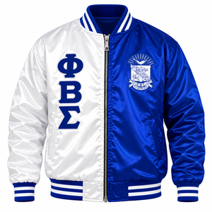 เสื้อแจ็คเก็ตวาร์ซิตี้ผ้าซาตินสีน้ำเงิน-ขาวสองสี ยี่ห้อ Phi Beta Sigma สำหรับผู้ชาย พร้อมตราสัญลักษณ์ตัวอักษรกรีกปักลาย ซิปเต็มตัว แบบริบบิ้น - Product Image 3