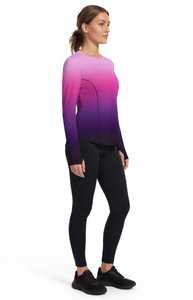 Haut court à manches longues pour femme, col rond, 100 % coton respirant, dégradé violet, impression en relief, style sportif - Product Image 4