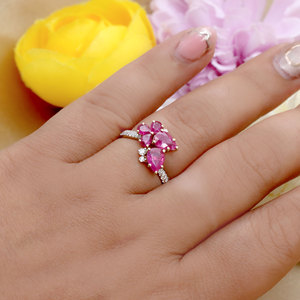 Bague asymétrique en or jaune massif 14 carats avec rubis et diamants, motif floral, bijoux fins, vente en gros, bague en pierres précieuses pour femme, cadeau - Product Image 6