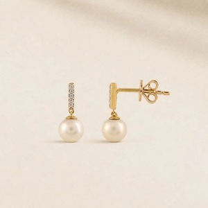 Pendientes de Oro Amarillo de 9K con Diamante Cultivado en Laboratorio de 1.00CT y Perla en Forma de Barra, Joyería Fina al por Mayor - Product Image 4