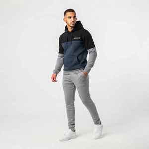 Ensemble de survêtement à capuche pour homme HAWK EYE, couleur contrastée, sweat-shirt décontracté à manches longues avec poches à cordon, gris bleu marine, vêtements d'automne - Product Image 5