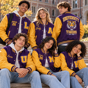 Louisiana <b>Varsity</b> <b>Jacket</b> Men's <b>Purple</b> Gold Sleeve Embroidered Pelican State Letterman Bomber Stand Collar Single Button Autumn - Product Image 1