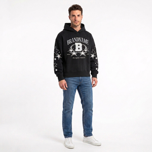 Sweat à capuche personnalisé pour homme, coupe oversize, en coton noir, motif étoiles imprimé, décontracté, idéal pour l'automne - Product Image 5