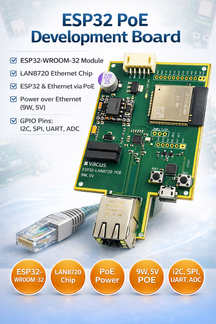 VACUS ESP32 PoE Development Board (VT-ESP-POE-V1.0) with LAN8720 Ethernet | 9W 5V PoE | IoT Industrial Controller