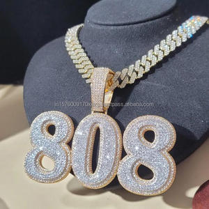 จี้เพชรเพาะเลี้ยงคุณภาพพรีเมียม "808" พร้อมสร้อยคิวบันทองคำแบบฝังเพชรเต็มเส้น เครื่องประดับฮิปฮอป ขายส่ง - Product Image 1