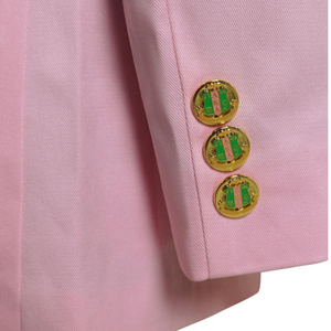 Women's Pink <b>Blazer</b> with Embroidered Crest <b>Gold</b> <b>Buttons</b> Long Sleeve Notched Lapel Fitted Jacket Green Printed Lining Flap Pocket - Product Image 3