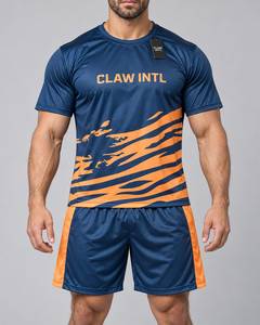 Maillot de football CLAW INTL pour homme, bleu et orange rayé, sublimé, en polyester respirant, coupe athlétique, manches courtes, col rond - Product Image 1