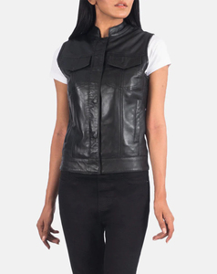 Chaleco de cuero PU negro de alta calidad para mujer, diseño personalizado, con cuello mandarín y bolsillos, sin mangas, 240 g - Product Image 1