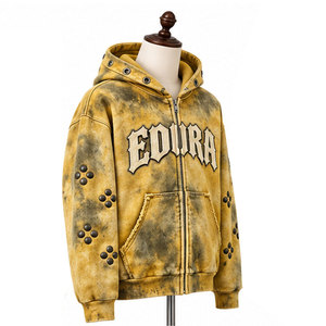 <b>Gothic</b> Letter Print Regular Fit Heavyweight Acid Wash Zip Fleece Winter Streetwear Distressed Vintage <b>Hoodie</b> - Product Image 2