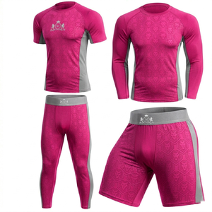 Men's Short Sleeve Rash Guard Pink Gray Sublimation Print Quick Dry Sport Top Front Logo Compression Shirt - Product Image 3