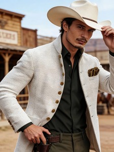 Blazer décontracté blanc pour homme à col mandarin - Coupe ajustée - Veste d'automne avec boutons dorés coupe-vent - Product Image 6