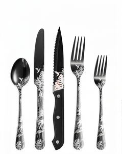 Modern <b>Black</b> <b>Cutlery</b> Set With Tropical Leaf Pattern Dishwasher Safe Flatware For Wedding Tabletop Use - Product Image 1